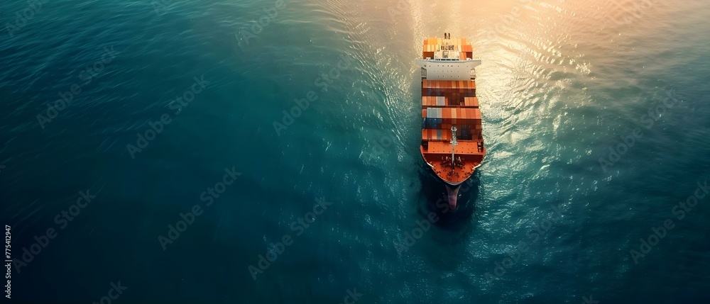 Global Trade and Logistics: Aerial View of a Container Ship at Sea. Concept Global Trade, Logistics, Aerial View, Container Ship, Sea