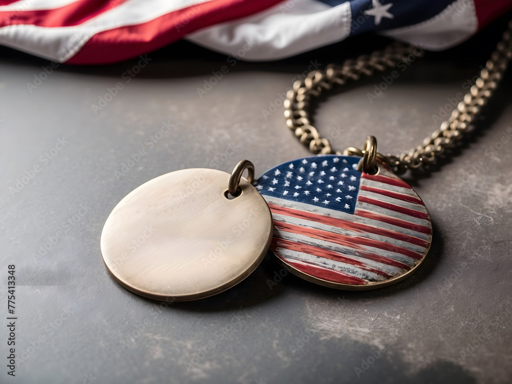 US military dog tags in the shape of the American flag. This symbolizes the essence of Memorial Day and Veterans Day.