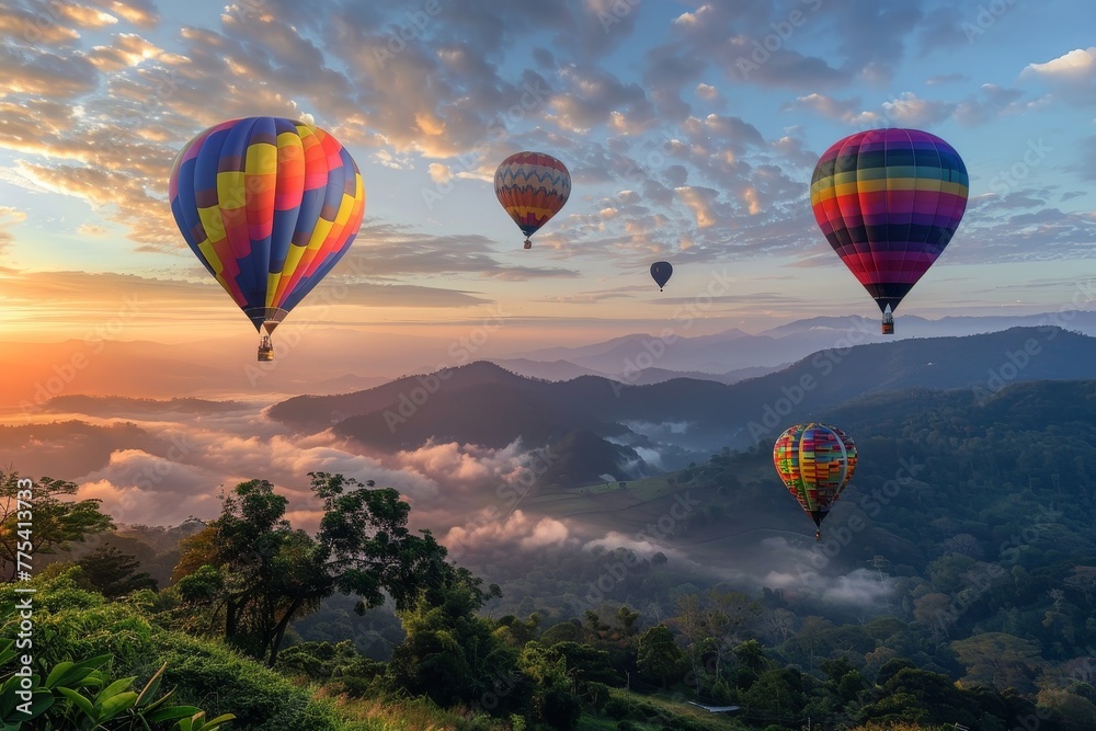 hot air balloons flying over a valley
