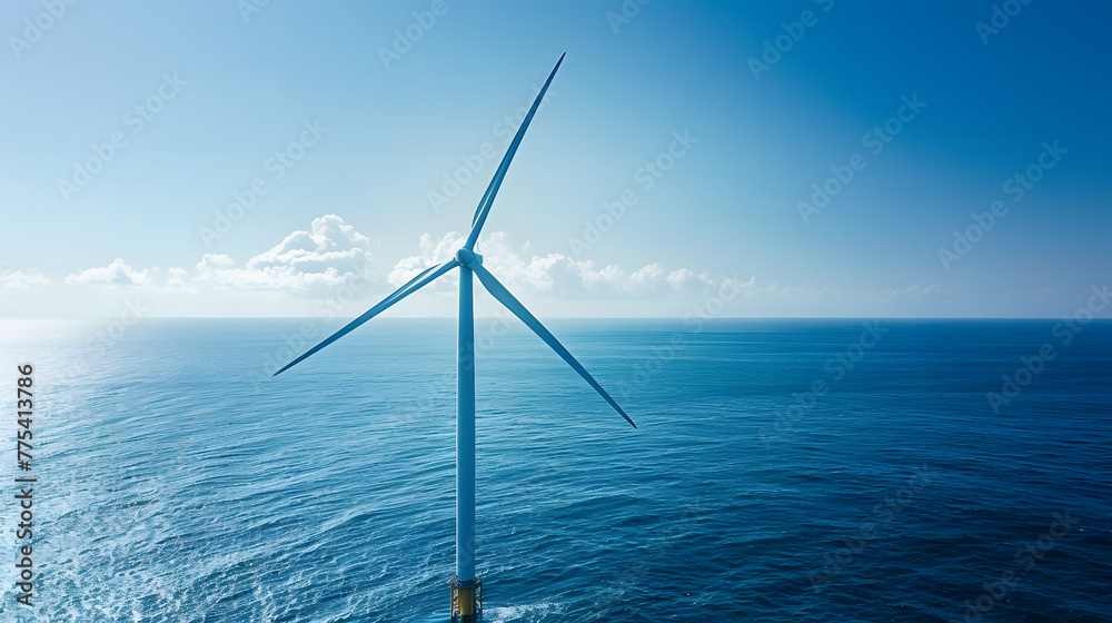 A lone wind turbine stands against the vast expanse of the serene ocean under a clear blue sky, symbolizing the harmonious integration of renewable energy sources within natural environments