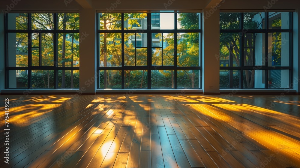 The modern empty room. The view through window is the backdrop and hardwood floors. The modern empty room. The view through window is the backdrop and hardwood floors.
