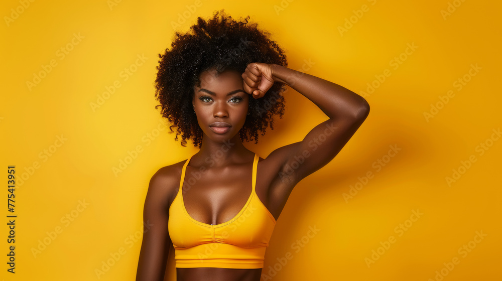 Black fitness girl in powerful dynamic posture against a yellow background. Concept for wellness campaigns and motivational content. Black fitness girl in powerful dynamic posture against a yellow background. Concept for wellness campaigns and motivational content.