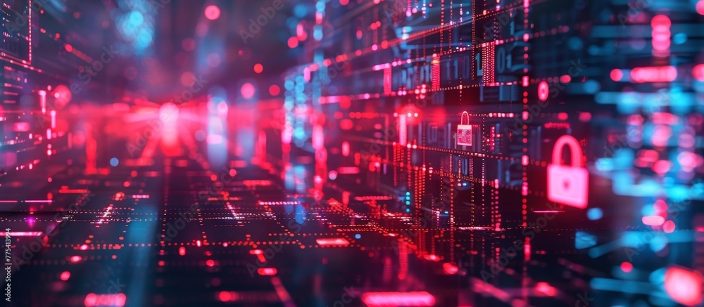 A dark room filled with red and blue lights and data A dark room filled with red and blue lights and data
