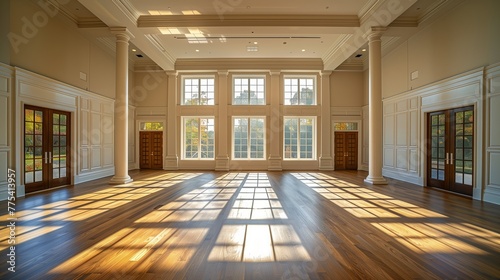 Modern empty room. The view through window is the backdrop and hardwood floors.