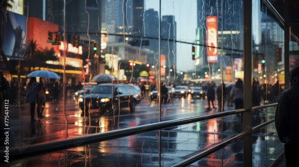 Busy city street view with heavy rain.