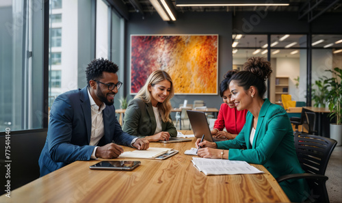 Diverse, multiracial group of coworkers, young adult man and women working on desk in modern office setting, having a meeting, brainstorming, relaxed work environment