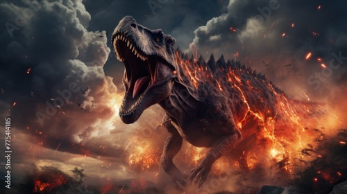 Dinosaur in fire flame in a burning forest. Photorealistic.