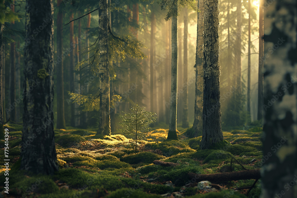Fototapeta premium a beautiful green pine forest for a computer wallpaper, or for the texture of the view outside the window in a visualization