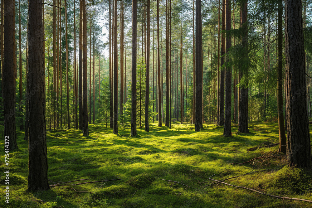 Obraz premium a beautiful green pine forest for a computer wallpaper, or for the texture of the view outside the window in a visualization
