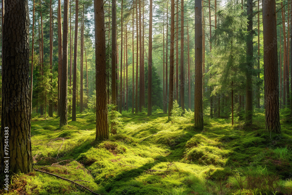 Fototapeta premium a beautiful green pine forest for a computer wallpaper, or for the texture of the view outside the window in a visualization