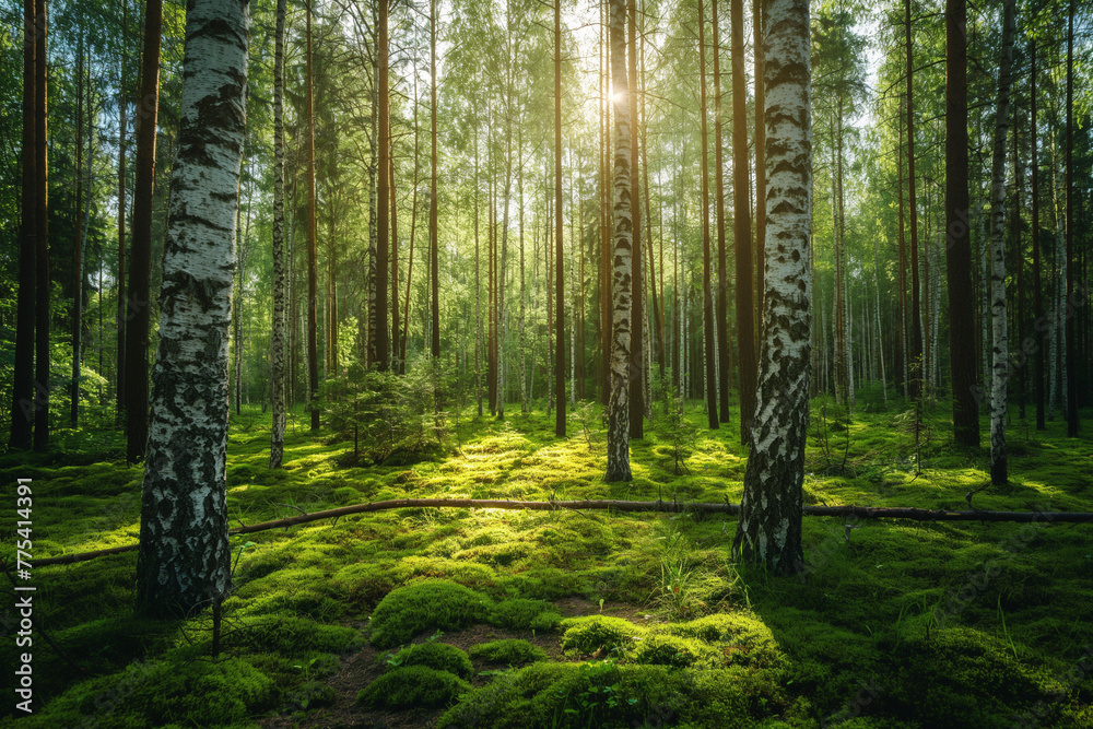 a beautiful green birch forest for a computer wallpaper, or for the texture of the view outside the window in a visualization, generative AI a beautiful green birch forest for a computer wallpaper, or for the texture of the view outside the window in a visualization, generative AI