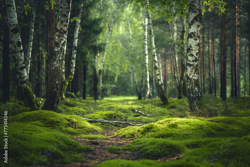 a beautiful green birch forest for a computer wallpaper  or for the texture of the view outside the window in a visualization  generative AI