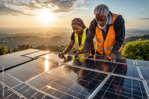 Young African woman and senior male African man wearing safety uniform installing solar panels on modern house rooftop. Photovoltaic panels, renewable energy and sustainability concept