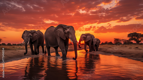 Herd of Elephants Crossing River at Vibrant Sunset in the Wild © heroimage.io