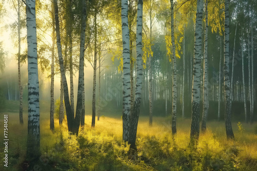 a beautiful green birch forest for a computer wallpaper, or for the texture of the view outside the window in a visualization, generative AI