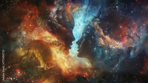 Abstract representation of two souls connecting in a cosmic, star-filled background, evoking deep emotional and spiritual themes