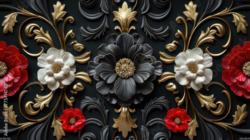 ornate black matte and red floral baroque pattern with gold accents