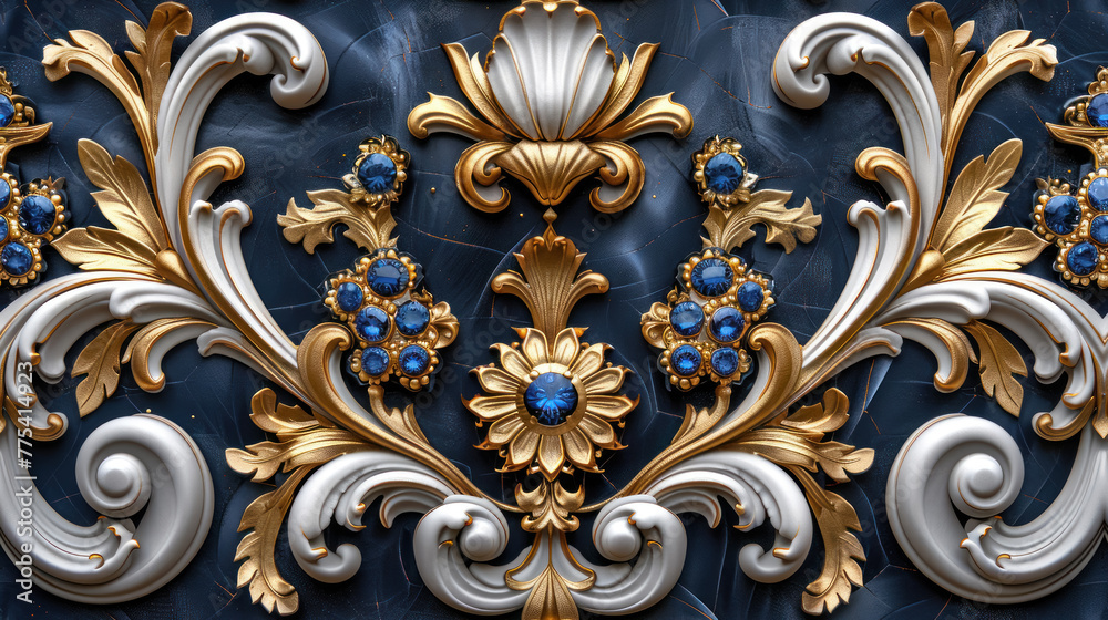 opulent blue and gold floral baroque embellishments on dark backdrop