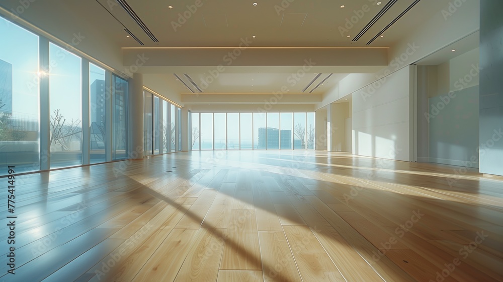 Modern empty room. City views through windows provide a backdrop and hardwood floors.