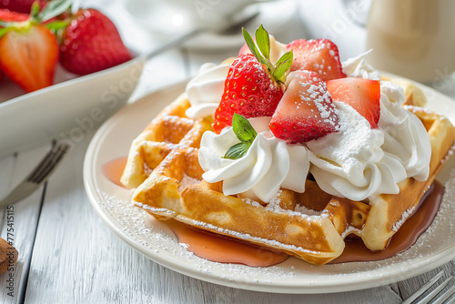bright clean photo of delicious fresh waffles with whipped cream and fruits for advertising, generative AI