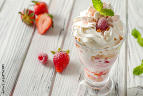 bright clean photo of delicious fresh ice cream dessert in a cup with fruits for advertising, generative AI