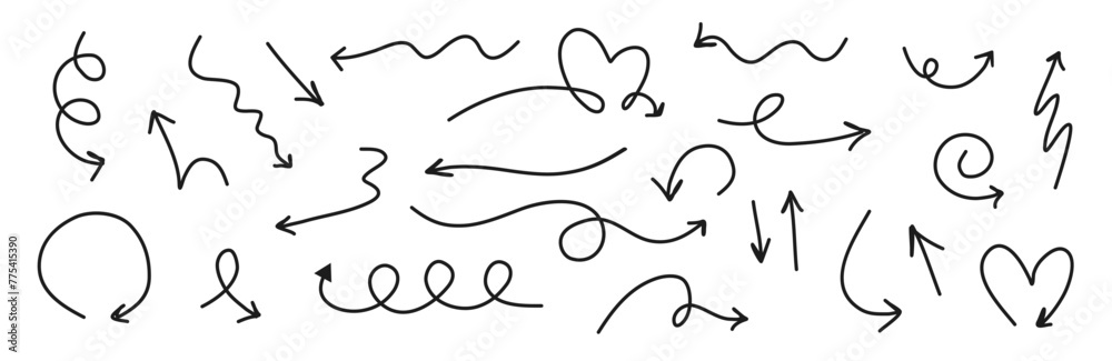Arrow doodle style set. Swirl outline arrows. Handdrawn cute arrows. Arrow doodle style set. Swirl outline arrows. Handdrawn cute arrows.