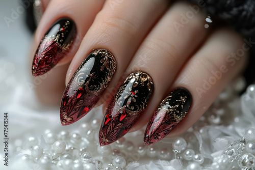 luxurious almond shaped nails with black and red baroque patterns photo