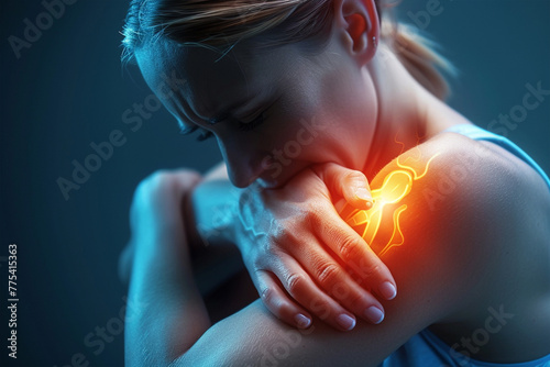 Woman Experiencing Severe Shoulder Pain in a Dark Setting © Ala