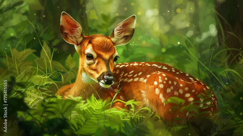 Adorable fallow deer fawn with spotted fur and innocent expression, resting in lush green forest, wildlife digital painting Adorable fallow deer fawn with spotted fur and innocent expression, resting in lush green forest, wildlife digital painting