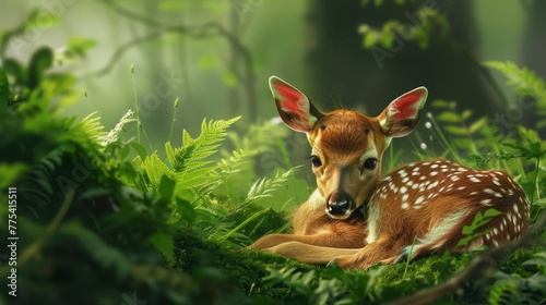 Adorable fallow deer fawn with spotted fur and innocent expression, resting in lush green forest, wildlife digital painting © Bijac