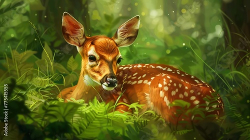 Adorable fallow deer fawn with spotted fur and innocent expression, resting in lush green forest, wildlife digital painting