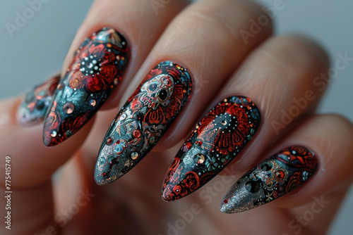 stiletto nails with detailed sugar skull design and rhinestones