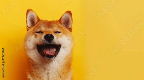 Adorable Shiba Inu dog with joyful expression against vibrant yellow background, cute portrait of popular Japanese breed