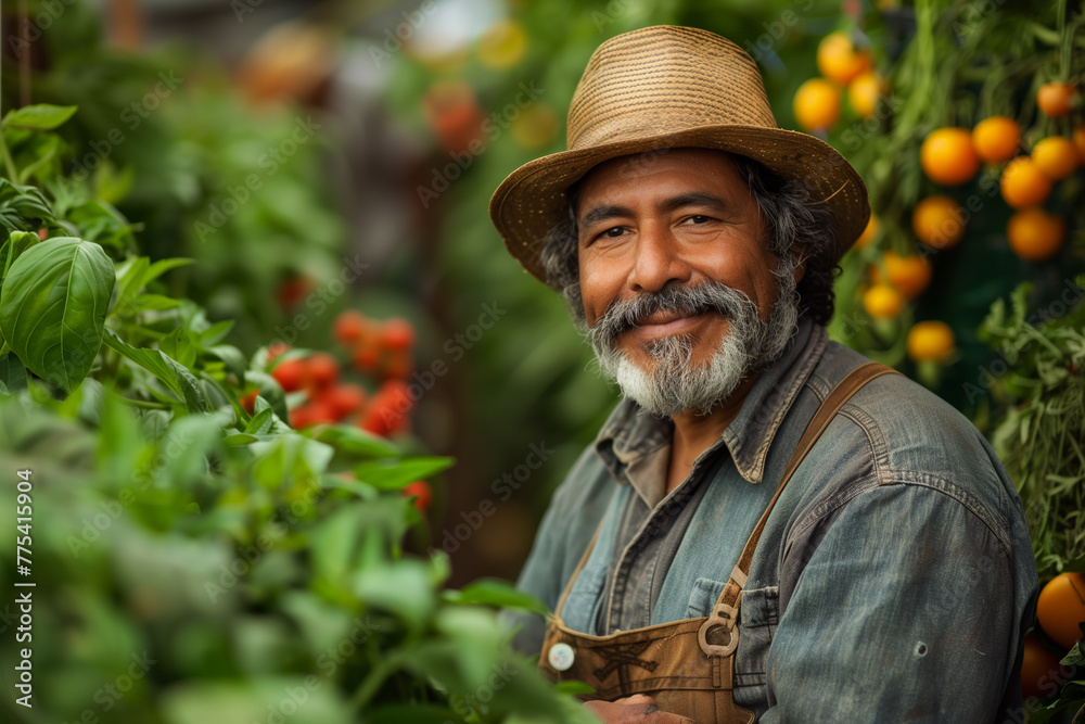 Smiling gardener in hat tending to tomato plants in greenhouse