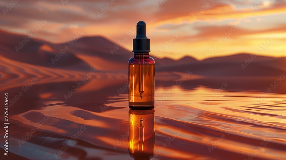 A dropper bottle of perfume on an evening desert with a reflective surface, in the style of dark beige and dark amber. A dropper bottle of perfume on an evening desert with a reflective surface, in the style of dark beige and dark amber.