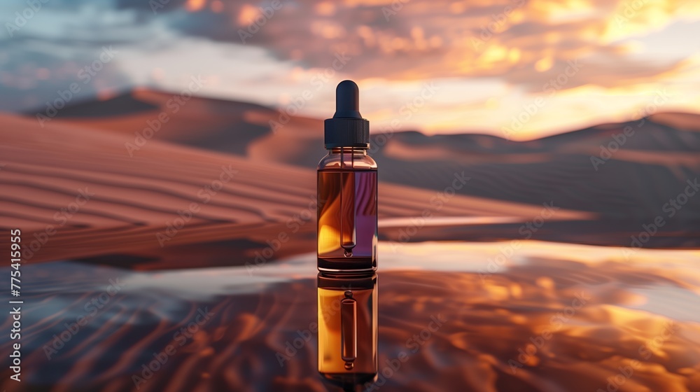 A dropper bottle of perfume on an evening desert with a reflective surface, in the style of dark beige and dark amber. - obrazy, fototapety, plakaty 