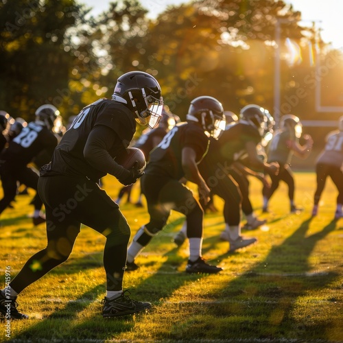 American football team practicing offensive and defensive drills together on a sports field in the late afternoon. Generative AI photo