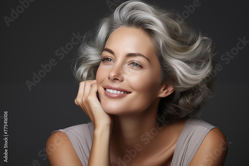 Radiant mature woman with elegant silver hair smiling