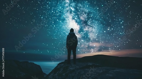 Adventurer gazing at the starry night sky  sense of wonder and exploration concept