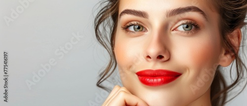  A close-up photo of a woman with red lipstick on her face and her hands resting under her chin