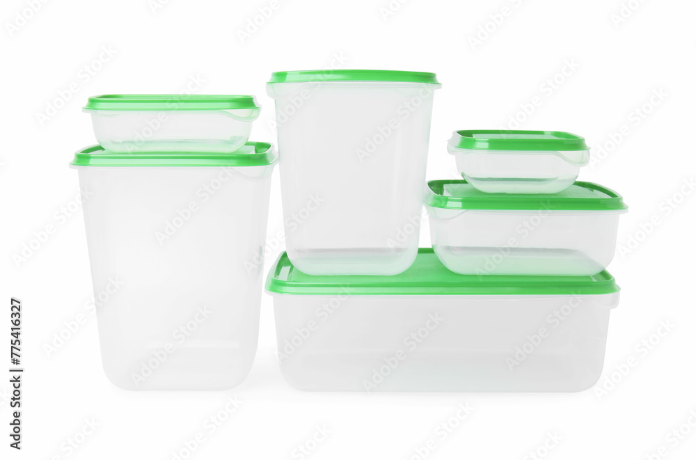 Empty plastic containers on white background. Food storage Empty plastic containers on white background. Food storage