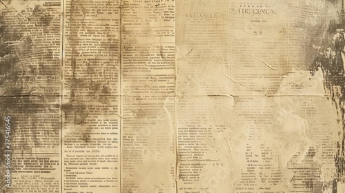 Aged, worn newspaper texture background, vintage grunge paper surface, old news print pattern photo