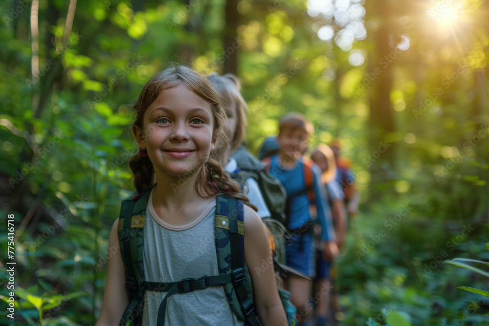 Active young kids, teenagers hiking trough the forest, summer camp Active young kids, teenagers hiking trough the forest, summer camp