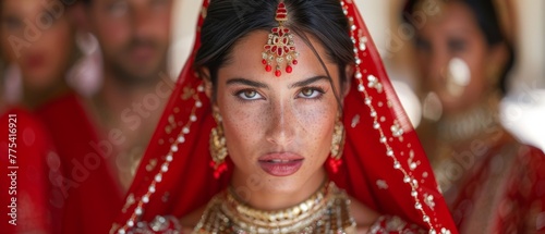  A woman in red veil, close-up with others in background