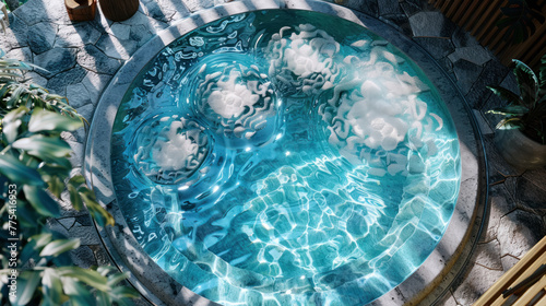 serene spa setting with tranquil blue water in a round stone basin surrounded by lush greenery