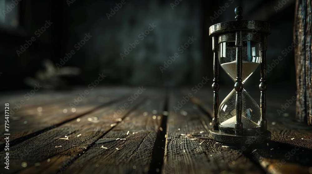 Antique hourglass on dark wooden floor, passing of time concept, low key lighting, still life photography, digital painting - obrazy, fototapety, plakaty 