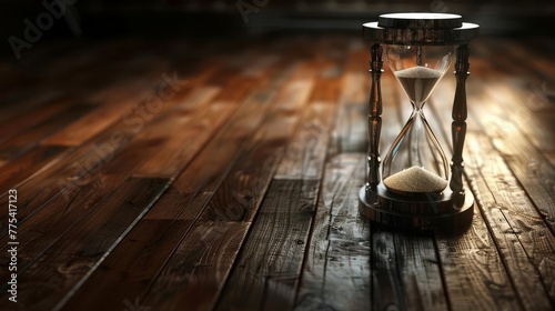 Antique hourglass on dark wooden floor, passing of time concept, low key lighting, still life photography, digital painting
