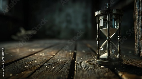 Antique hourglass on dark wooden floor, passing of time concept, low key lighting, still life photography, digital painting photo