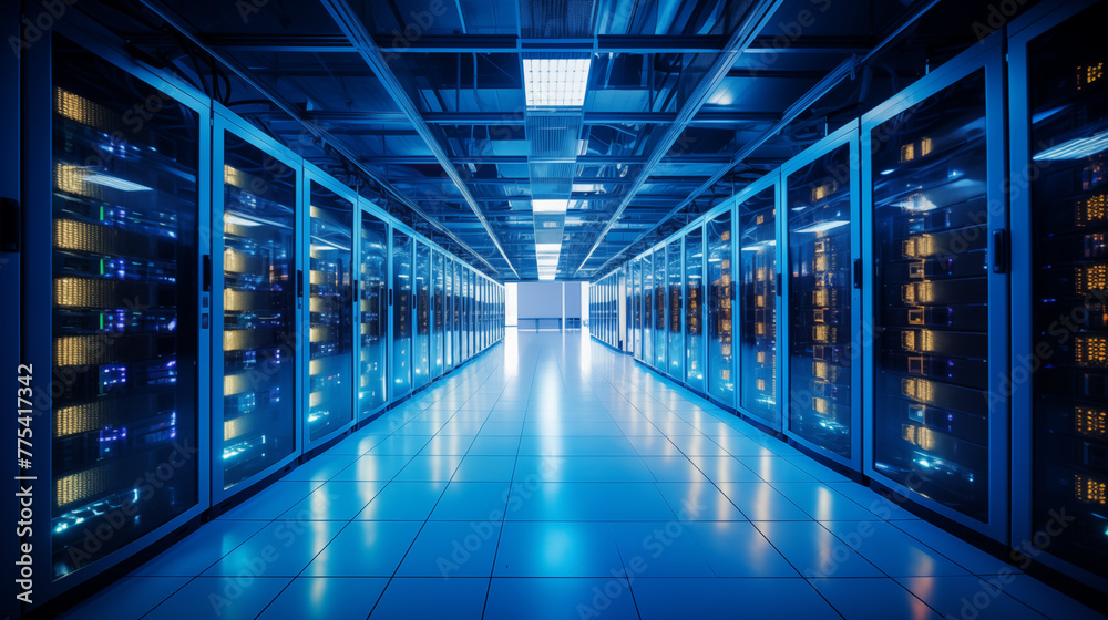 Network Server Room with Reflective Floor and Blue Neon Lighting Network Server Room with Reflective Floor and Blue Neon Lighting