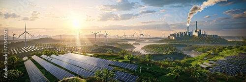 A futuristic green industry eco power plant amidst lush surroundings, exemplifying a commitment to preserving the environment and ensuring low carbon emissions